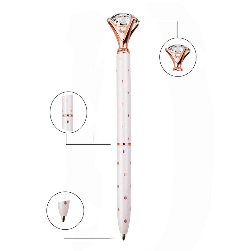 LONGKEY 3PCS Big Crystal Diamond Ballpoint Pen Bling Metal Ballpoint PenOffices and schools, silver/White With Polka Dots/Rose Gold With Polka Dots, Includes 3 Pen Refills - Image 5